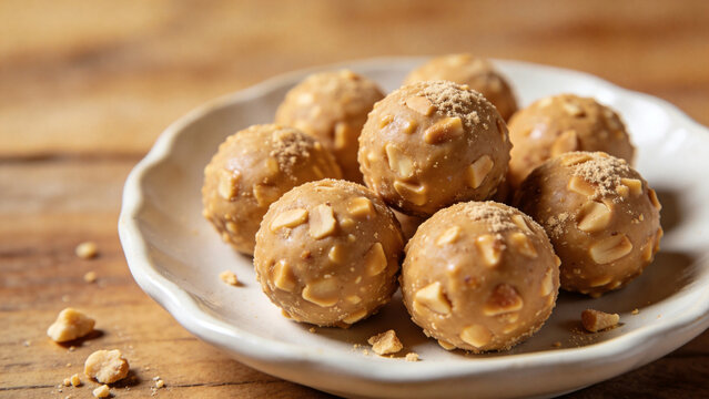  Homemade peanut butter protein energy bliss balls snack with crushed nuts topping on white plate representing healthy fitness nutrition no bake dessert recipe and wholesome natural ingredient food