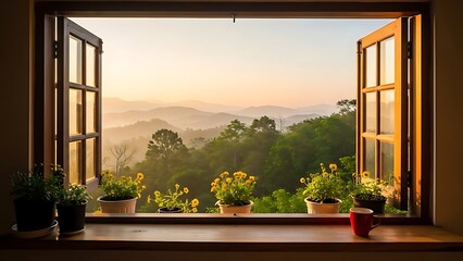 Open window frames a scenic mountain view at dawn with flowers and a mug © thenort