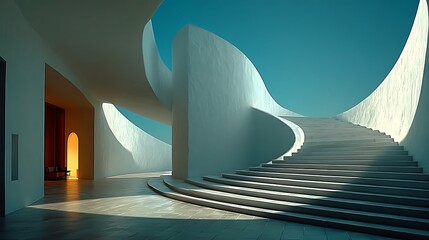 Clean minimalist white staircase spiraling upward, perfect for contemporary architecture concept wallpapers