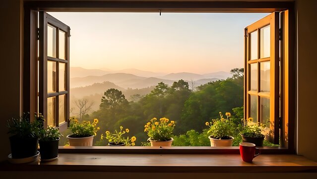 Open window frames a scenic mountain view at dawn with flowers and a mug