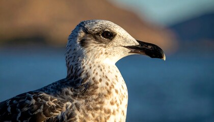 A feathered bird with speckled plumage, facing left, with soft, blurred background of water and land