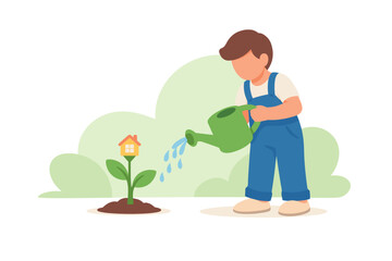 Fototapeta premium Boy watering a plant with a house symbol on its flower.