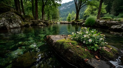 Clear river water flowing around bright green mossy river rock images