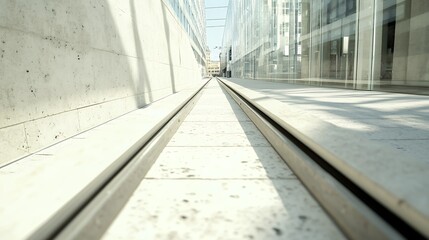Urban transit tracks between modern buildings perspective view