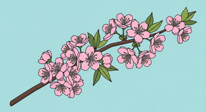 Blossoming cherry tree branch with pink flowers and green leaves on a light blue background