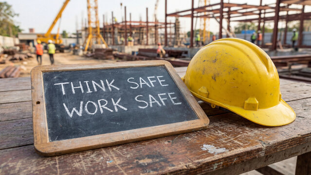 Workplace construction site health and safety culture awareness campaign with think safe work safe slogan and hard hat representing occupational hazard prevention accident reduction regulatory 