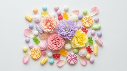 Pastel candies and delicate flowers arranged on a white background