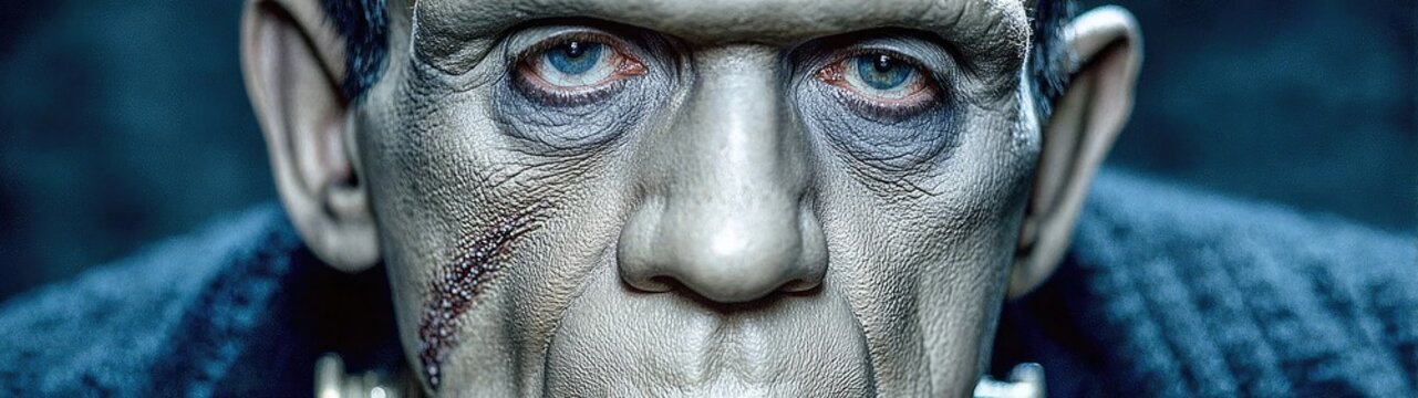 Detailed close-up of Frankenstein's monster, textured skin, piercing blue eyes. Ideal for horror, Halloween, sci-fi concepts, or human creation themes.