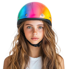 A young girl with long hair wearing a colorful helmet against a white background.