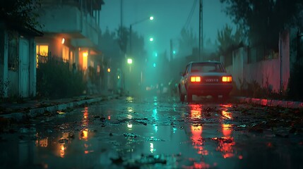 Colorful neon city reflections on wet pavement in dark alley pictures