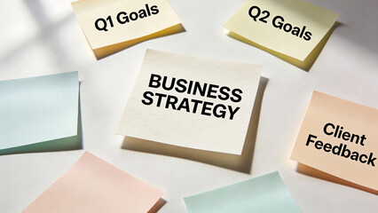 Business strategy planning with quarterly goals and client feedback sticky notes for corporate roadmap development performance tracking and organizational objective alignment