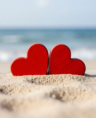 Fototapeta premium Romantic Heart Shape Decoration on Sandy Beach in Summer Sunlight