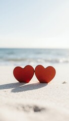 Fototapeta premium Two Heart Symbols on Sandy Beach with Calm Ocean Background