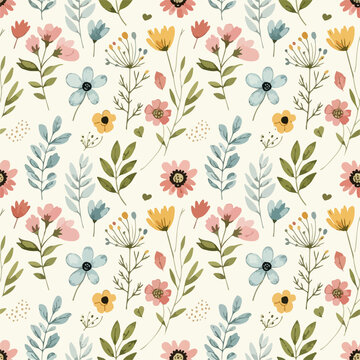 Seamless cottagecore garden blossom pattern with soft pink roses and subtle greenery in timeless repeating design