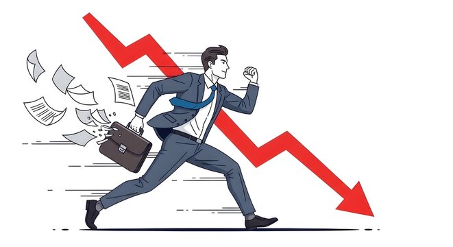 Anxious businessman in a suit running away from a plunging red arrow and falling documents, symbolizing financial loss, market crash, and business crisis.