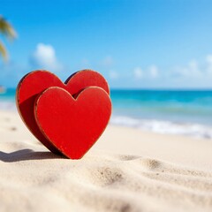 Fototapeta premium Romantic Heart Symbol on Tropical Beach Sand with Ocean View