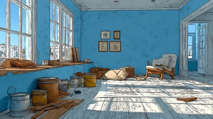 Contemporary living room makeover with painting supplies on floor pictures