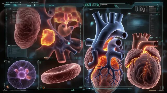 Digital Pathology Matrix, microscopic structures illuminated as AI highlights abnormalities with precision overlays