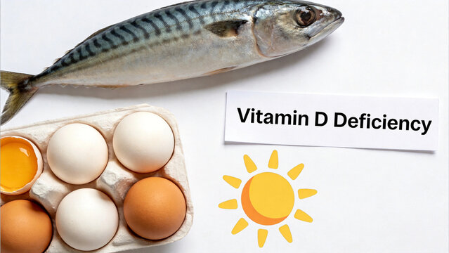  Vitamin D deficiency awareness concept showing dietary food sources like fish and eggs with sunlight symbol for nutritional health education and deficiency prevention guidance