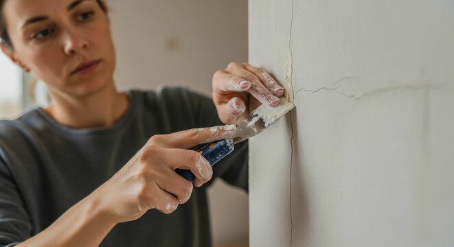 focused young woman using a metal spatula to fill a long crack in a white wall with plaster filler