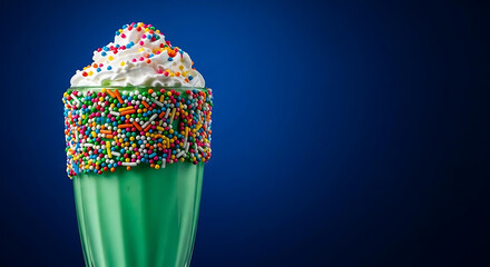 Colorful mint milkshake with whipped cream and sprinkles in green glass on dark blue background