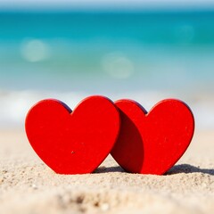 Fototapeta premium Serene Summer Love with Red Hearts on Sandy Beach