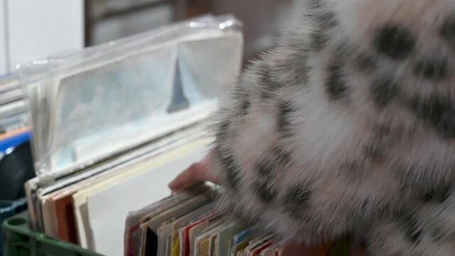 Close up woman hands browsing vintage vinyl records. Searching music.