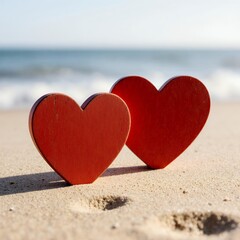 Fototapeta premium Romantic Hearts on Seaside Sand with Calm Ocean Background
