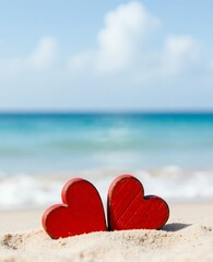 Fototapeta premium Elegant Tropical Scene with Red Hearts on Sandy Beach