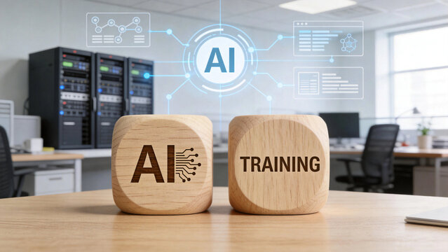 AI training concept wooden blocks with artificial intelligence digital network hologram in tech office environment for machine learning corporate workforce development and automation readiness