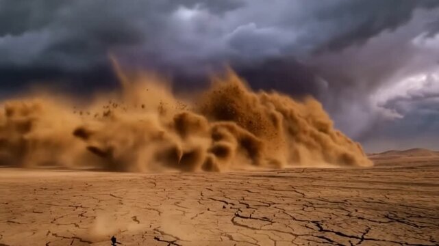 Sandstorm's Fury: A formidable sandstorm descends upon a desolate desert landscape under a turbulent sky, showcasing nature's untamed power and the raw, harsh beauty of the environment.