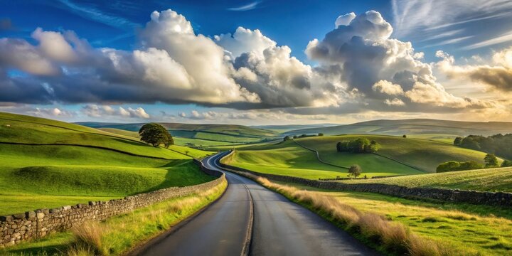 Serene countryside road winding through rolling green hills under a dramatic sky