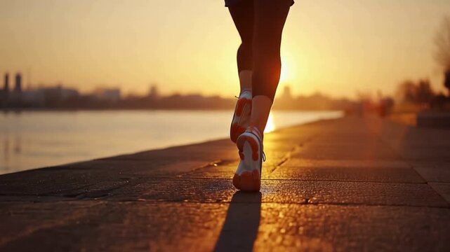 Golden Hour Run by Riverside: Capturing the dedication and the runner's spirit in the serene ambiance of sunset. A woman's feet hit the pavement near the river, under the golden sky.