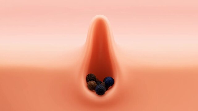 A closeup view of a pore on human skin with blackheads and whiteheads