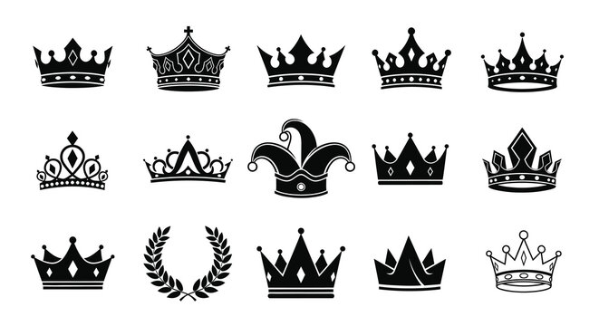 Collection of ornate crowns and a jester s hat in black silhouette