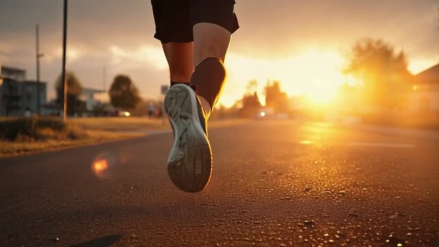 Running Towards the Sunrise: A determined runner strides confidently down an open road bathed in the warm embrace of the setting sun, symbolizing perseverance and the pursuit of goals.