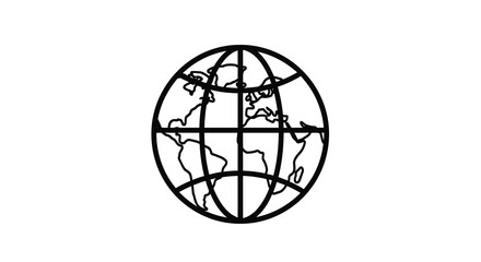 A black linear globe design with continents and grid lines silhouette