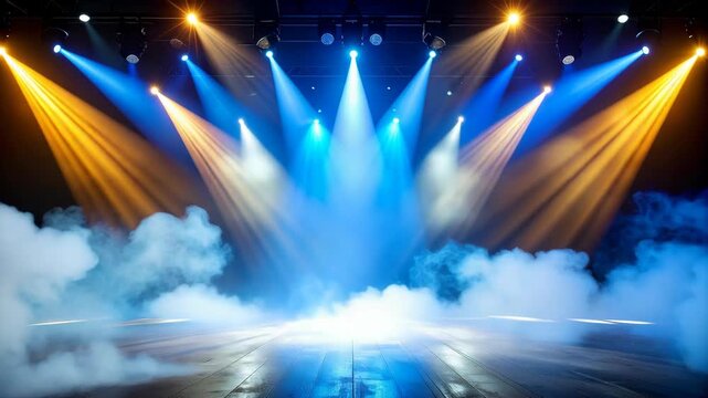 Bright stage lights illuminate a smoky performance arena with a polished wooden floor