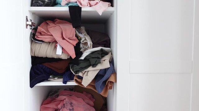 Messy white closet full of clothes in shelves