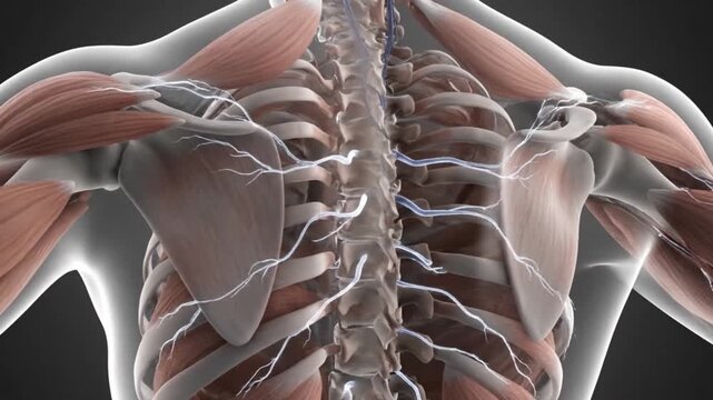 Detailed 3D rendering of the human muscular and skeletal system, highlighting the spinal cord and surrounding veins