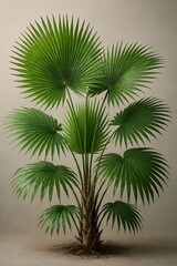 Obraz premium A majestic palm tree with vibrant green leaves standing alone in a serene environment viewed from a slight angle