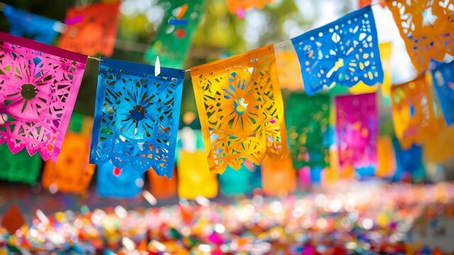 Colorful papel picado banners and confetti celebrating a festive occasion outdoors