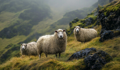Obraz premium A group of sheep standing on a grassy hillside in a rugged natural landscape
