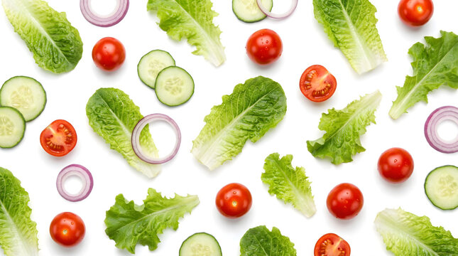 Fresh salad ingredients pattern with crisp green romaine lettuce leaves, bright red cherry tomatoes, thin cucumber slices, and purple onion rings scattered on a clean white background