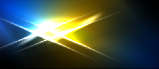Naklejka premium Bright light flares radiate from center. Blue, yellow hues dominate dark background. Dynamic energy, abstract composition.
