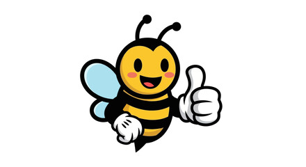 Cute cartoon bee character cheerfully giving a thumbs up gesture, symbolizing approval and positivity, on an isolated white background.