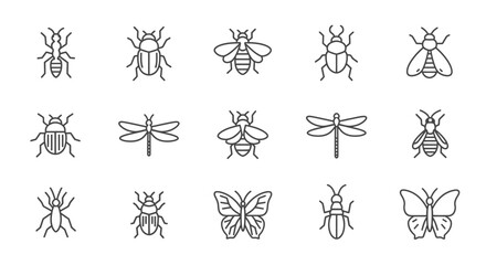 Set of outline icons depicting various insects including ants, bees, beetles, dragonflies, moths, and butterflies on an isolated white background. © yosef