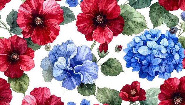Floral mix. Bright red & blue blooms amidst foliage on a white backdrop, creates an elegant, textured botanical pattern