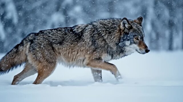 Grey wolf walking in deep snow during a winter snowfall