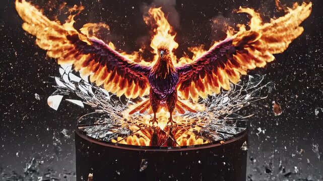 Mythical phoenix rebirth from shattered glass and fire, symbolizing transformation, renewal, and overcoming adversity with vibrant flames and dramatic emergence, a powerful visual metaphor for new